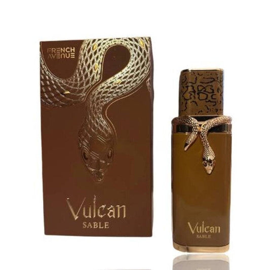 French Avenue Vulcan Sable unisex EDP spray with sleek bottle and elegant design, showcasing a sophisticated fragrance.