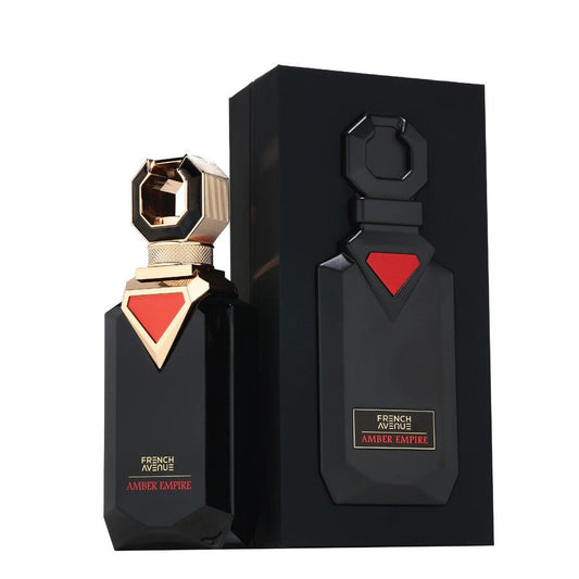 French Avenue Amber Empire men's EDP spray in 3.3 oz bottle, featuring a warm amber fragrance with elegant packaging.