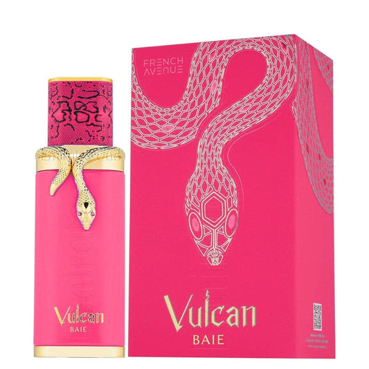 French Avenue Vulcan Baie unisex EDP spray in a 3.4 oz bottle, showcasing the elegant fragrance design and packaging.