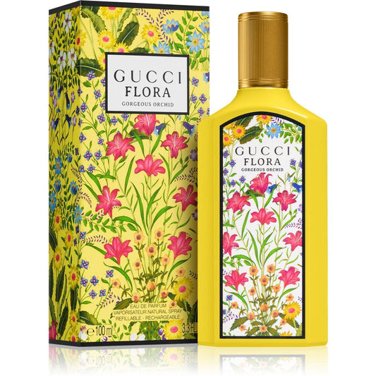 Gucci Flora Gorgeous Orchid women’s EDP spray bottle with floral fragrance design and elegant packaging.