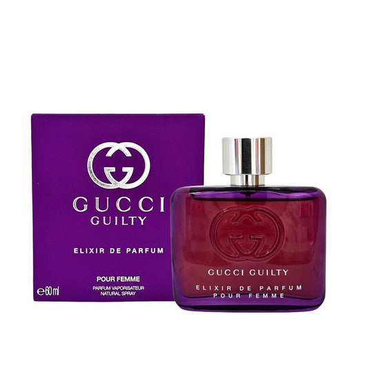 Gucci Guilty Elixir Pour Femme Eau de Parfum spray for women, featuring a sleek bottle with a gold cap and elegant design.
