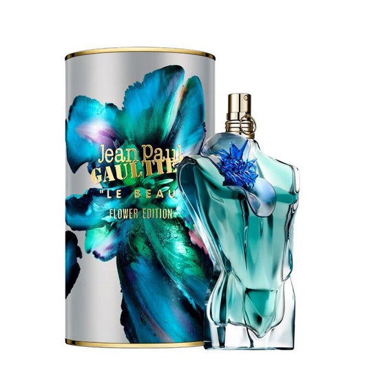 Jean Paul Gaultier Le Beau Flower Edition men's Eau de Parfum bottle with floral design and sleek packaging.