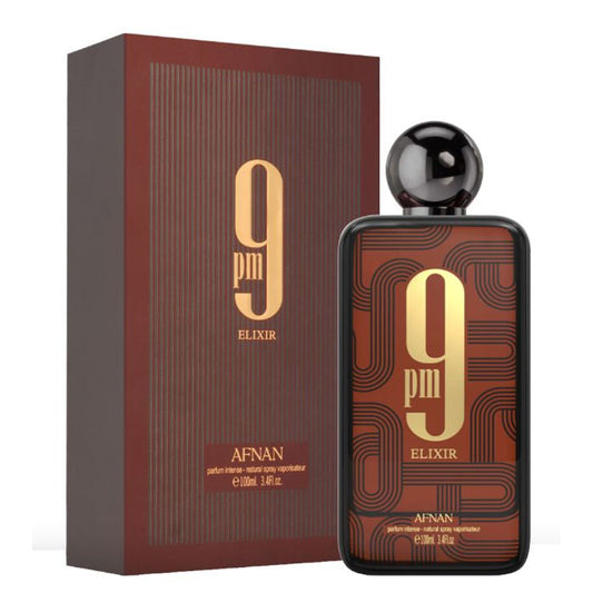Afnan 9 PM Elixir unisex EDP bottle with sleek black and gold design, showcasing the fragrance's elegant packaging.