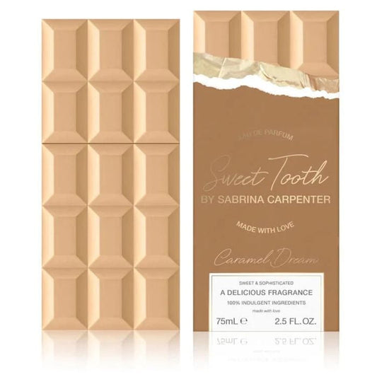 Sabrina Carpenter Sweet Tooth Caramel Dream women's EDP perfume bottle with caramel-colored liquid and elegant design.