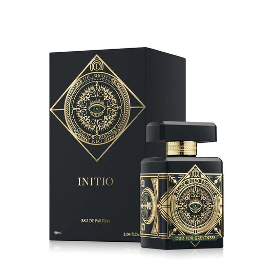 Initio Oud for Greatness Neo Unisex EDP spray bottle, 30 oz, with sleek packaging and fragrance details visible.