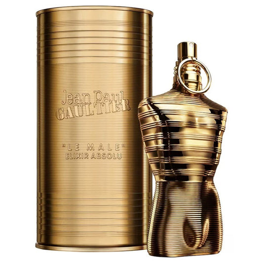 Jean Paul Gaultier Le Male Elixir Absolu men's EDP fragrance bottle with sleek design and branding details.