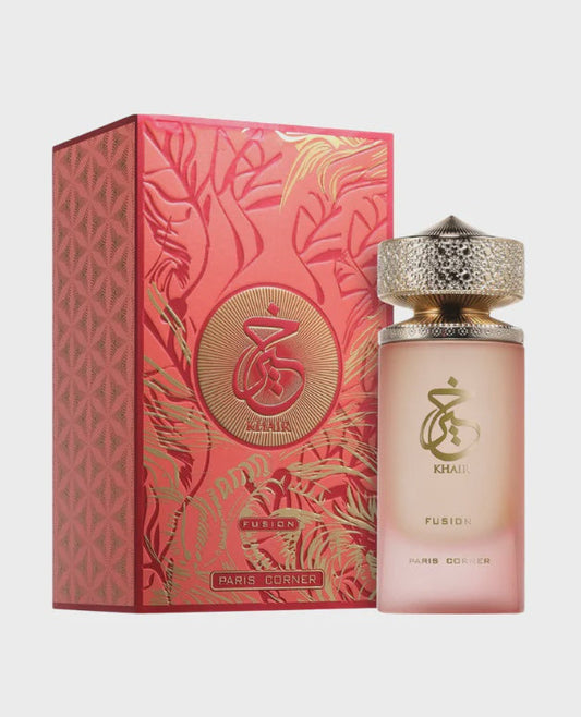 Unisex Khair Fusion Paris Corner EDP bottle with a sleek design and elegant packaging on a white background.