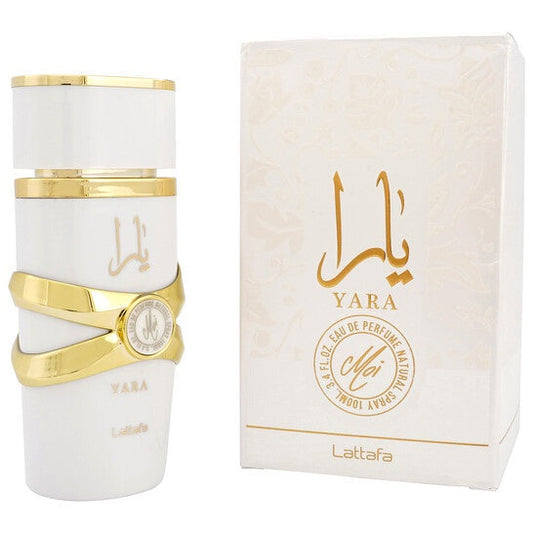 Lattafa Yara Moi for Women EDP spray, featuring a sleek bottle with floral and fruity fragrance notes.
