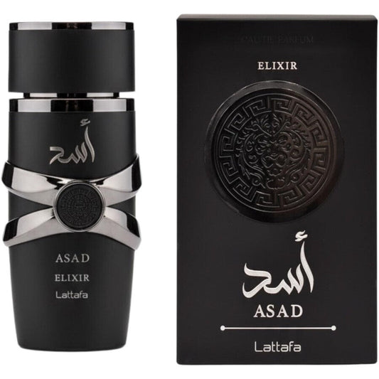 Lattafa Asad Elixir Men EDP spray bottle, 3.4 oz, with elegant packaging and sleek design for men's fragrance.