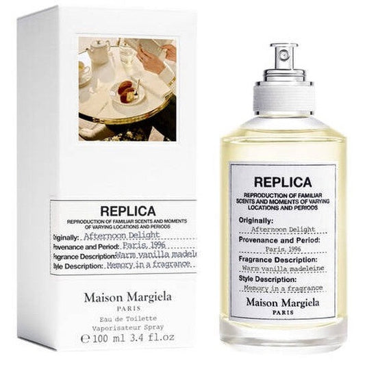 Maison Margiela Afternoon Delight unisex EDT spray with a sleek bottle and minimalist design, showcasing the fragrance label.