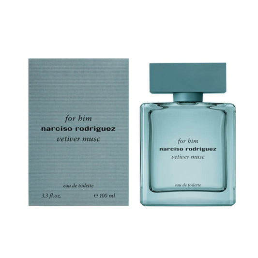 Narciso Rodriguez Vetiver Musc EDT spray for men, featuring a sleek bottle with a textured design and a dark-colored cap.