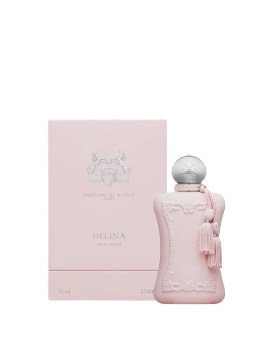 Delina by Parfums de Marly for women, 1800ml EDP perfume bottle with elegant floral design and pink hues.