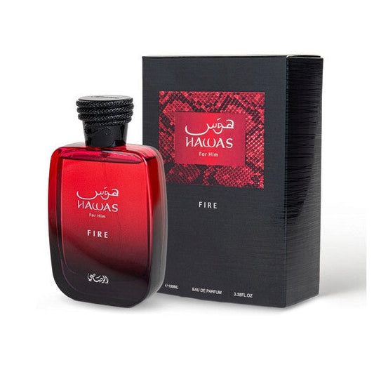 Rasasi Hawas Fire EDP spray for men, featuring a sleek bottle and vibrant fragrance design.