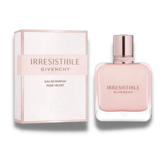 Givenchy Irresistible Rose Velvet perfume for women, elegant glass bottle with a soft rose-colored liquid and floral accents.