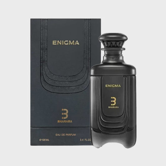 Bharara Enigma for Men Eau de Parfum bottle with sleek black design and silver accents, showcasing the fragrance packaging.